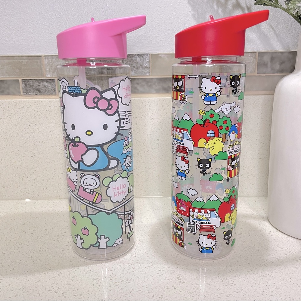 Sanrio Hello Kitty and Friends Water Bottle Set of 2 Pink Red Flip Top Straw Lid